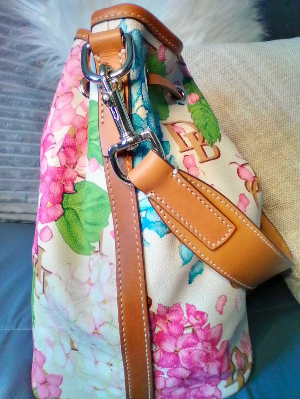 Dooney & Bourke Hydrangea Drawstring Bucket Bag in Pink, Teal & Cream - Picture 9 of 14